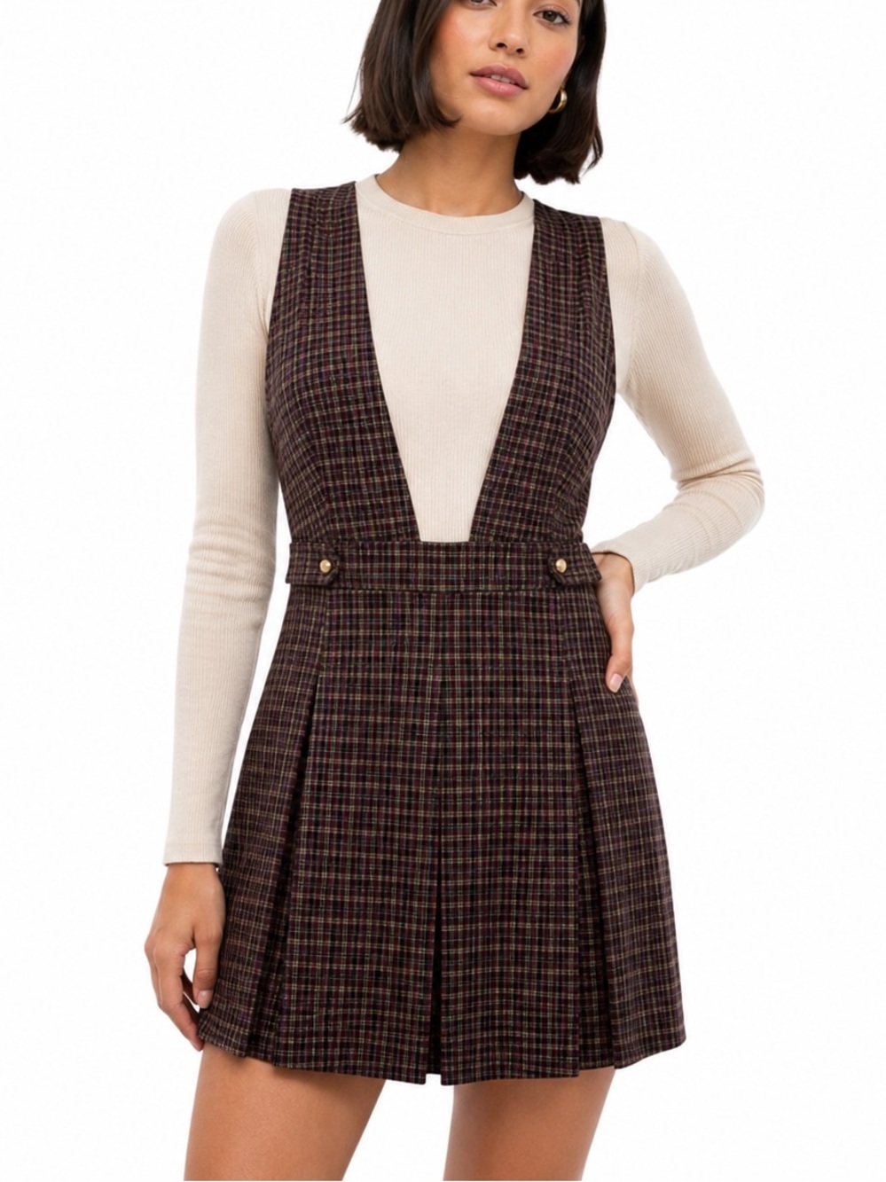 American Eagle Outfitters Brown Plaid Pinafore Mini Dress with Cream Top Layer